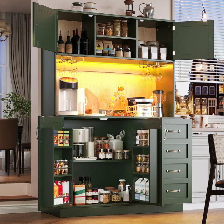 Seitenboard / Aufbewahrungsschrank / Küchenschrank / Buffetschrank, 120x40x188cm, mit LED-Beleuchtung, Snackregal & Getränkehaltern, 4 Türen & 2 große Schubladen, Grün/Schwarz/Weiß--Grün--120x40x188cm--YOUDENOVA – Bild 5