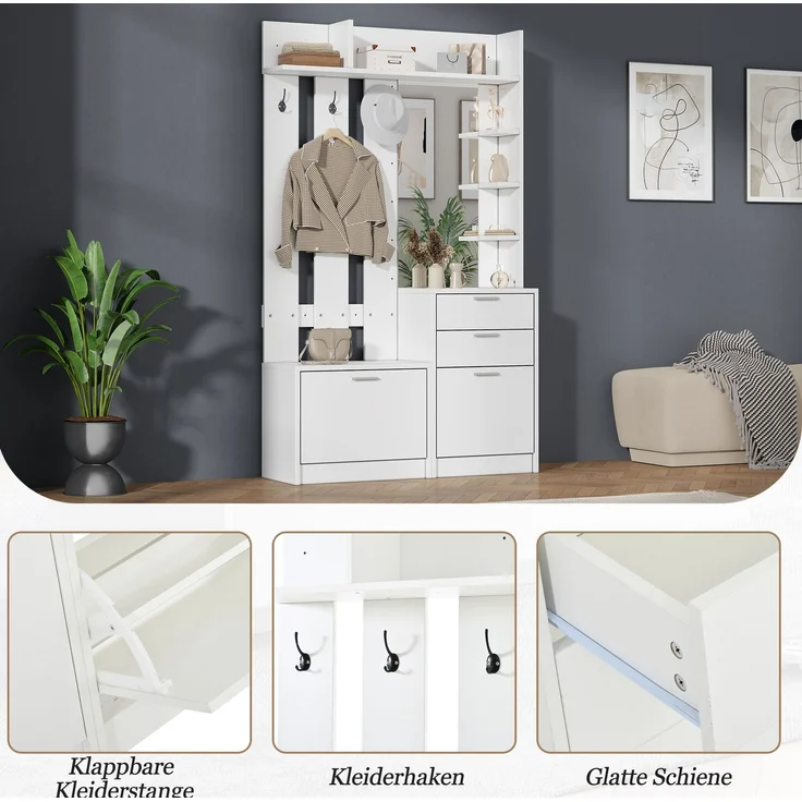DESVIAE Garderobenschrank Weiß aus MDF – 110x185x34 cm – Spiegel, 2 Schuhschränke – Bild 4