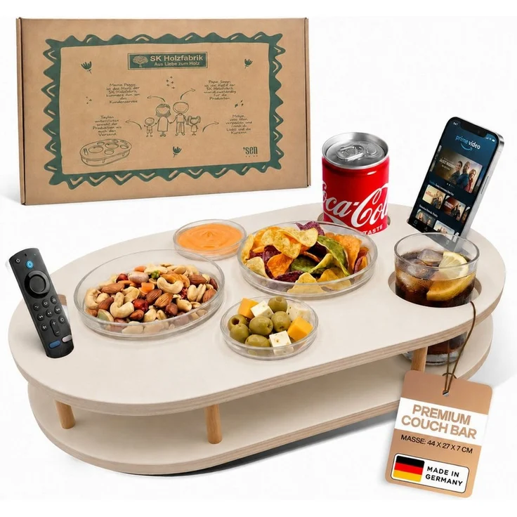 PEGSEN Servierplatte Couchbar Snackbox mit 4 Snackschalen Couch Tablett, Birkenholz, (Set, 5-tlg, 4x Glasschalen), Getränke & Snacks stehen stabil – Bild 1