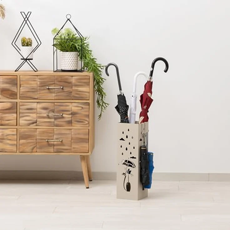 Baroni Home Schirmständer in modernem Design aus Metall mit Cat and Rain-Schnitzerei - mit Haken und herausnehmbarer Auffangschale für Heim- und Bürodekoration, Taupengrau, 15,5x15x49 cm – Bild 2