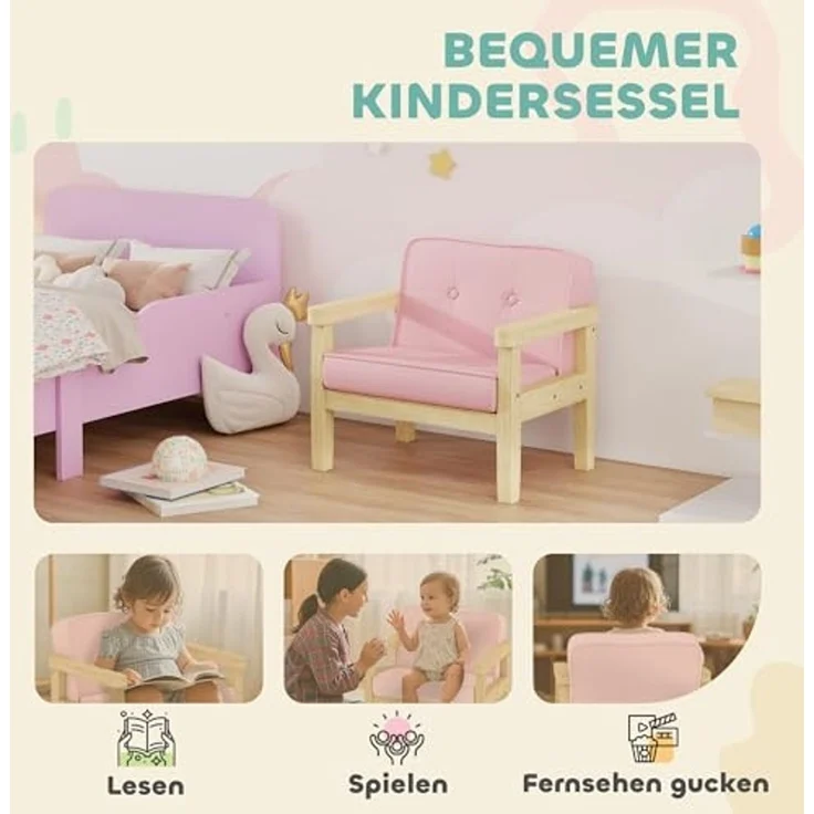 AIYAPLAY Kindersessel mit Holzrahmen, Cordoptik (Kindersofa, 1-St, gepolsterter Kinderstuhl), für Kinder von 3-8 Jahren, für Kinderzimmer, Spielzimmer, Rosa – Bild 4
