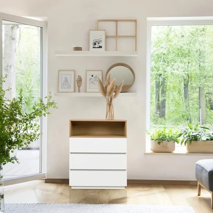 hjh LIVING Kommode mit 3 Schubladen, 1 offenes Fach MELMO K 80 x 40 x 100 cm Highboard Schrank im skandinavischen Stil, griffloses Design, Weiß/Eiche – Bild 7
