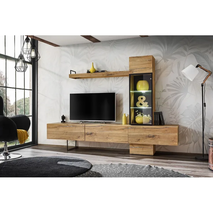 Wohnwand Rise mit LED Beleuchtung in Flagstaff Eiche 240 x 170 cm