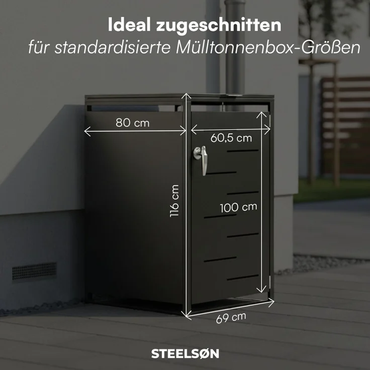 STEELSØN 'Diorus' Mülltonnenbox 1er 240 Liter, graphitschwarz, Mülltonnenverkleidung aus Stahl mit Sichtstreifen, wetterfest, 116x80x69 cm, abschließbare Müllbox für 1 Tonne – Bild 6