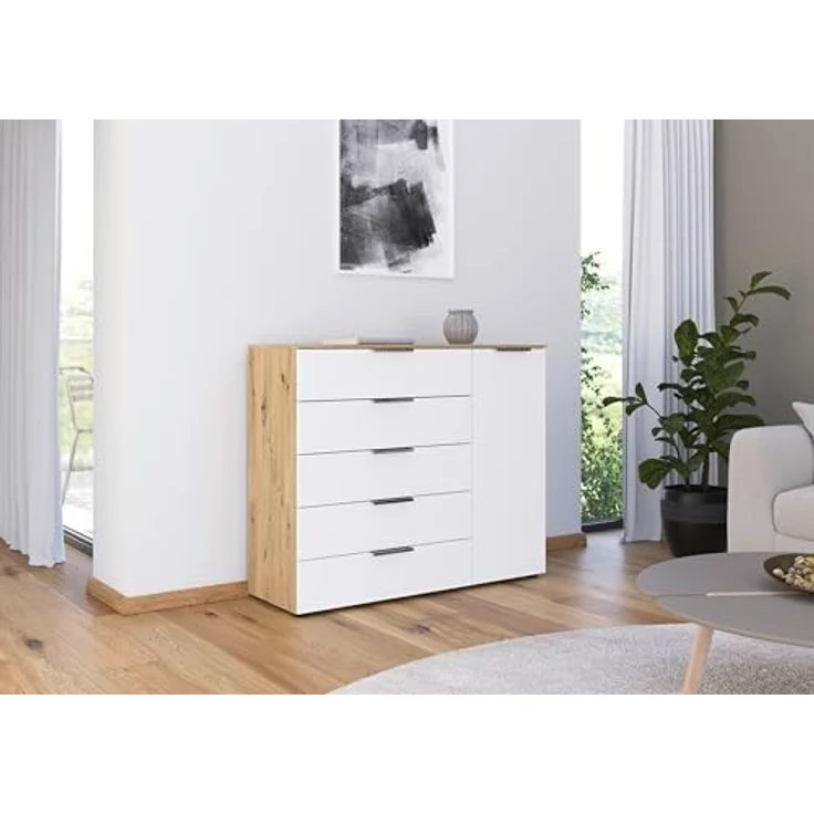 Rauch Möbel Flipp, Kommode für Schlafzimmer, Kinderzimmer, Wohnzimmer, Jugendzimmer, Flur, Garderobe, 1-türig, 5 Schubladen, mit Softclose-Funktion, Farbe Eiche Artisan, Holz/Weiß, Breite 120 cm – Bild 3