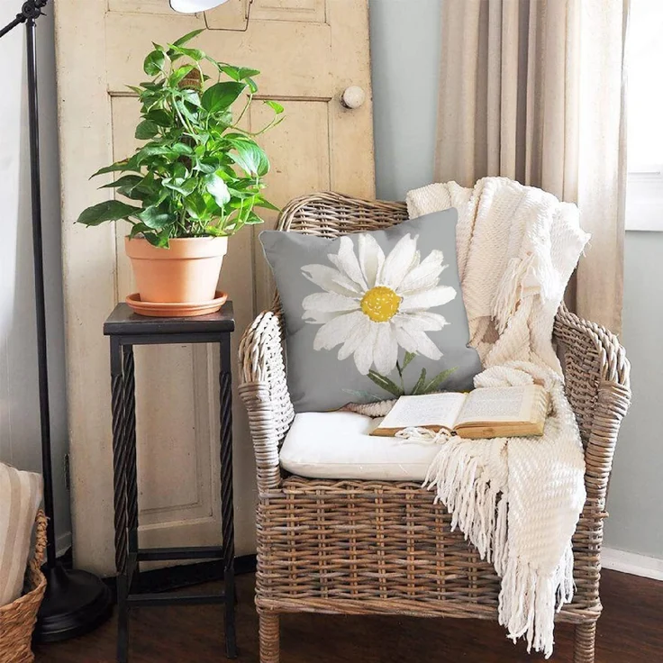 Sommer Kissenbezüge 45×45 cm 4er-Set Weiß-Grau Gänseblümchen, “Hello Sunshine”, Outdoor Sofa – Bild 4