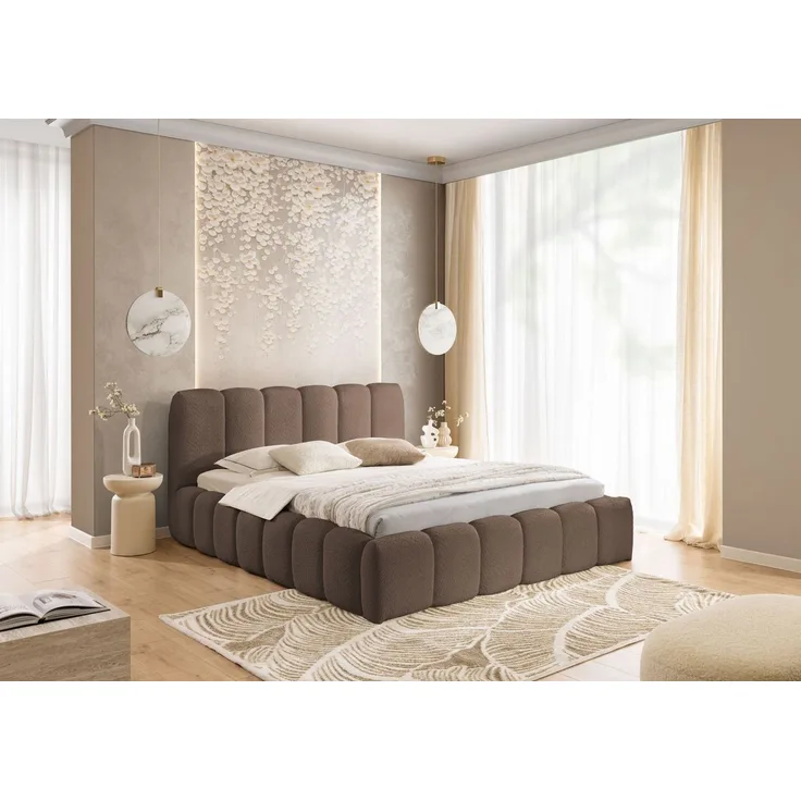 yourhouse24 Polsterbett MICANDI aus Bouclé inkl. Metallrahmen – Wolkenbett mit Bettkasten, Voluminöses Rillen-Design mit Gasdruckfedern & riesigem Stauraum