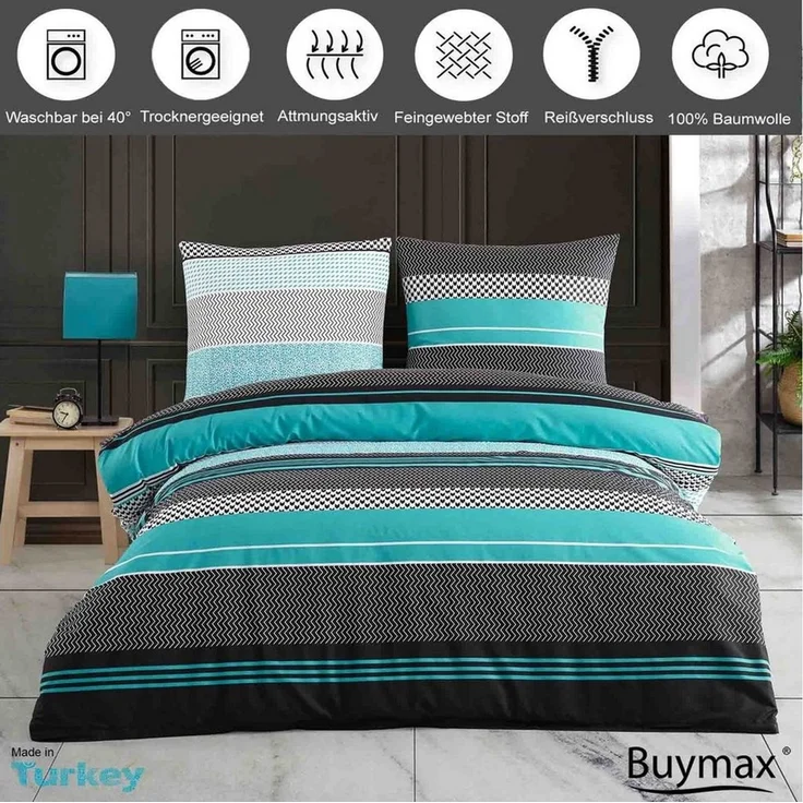 Buymax Bettwäsche, Renforcé, 3 teilig, Bettbezug-Set 200x220 cm 100% Baumwolle mit Reißverschluss, Streifen – Bild 2