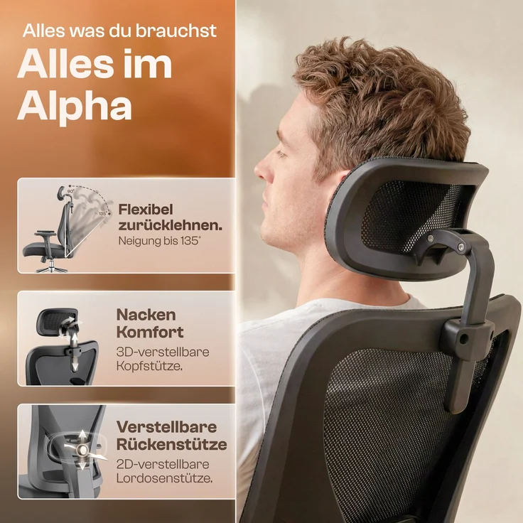 LUTIVO Alpha, ergonomischer Bürostuhl, Rückenlehne mit Mesh Bezug, 3D-Armlehnen, 3D-Kopfstütze, FluxWheels, Schwarz – Bild 3
