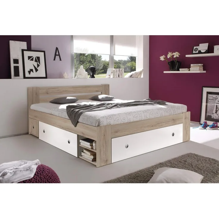 Doppelbett mit Nachtkommoden und Bettkasten 180cm Eiche hell weiß