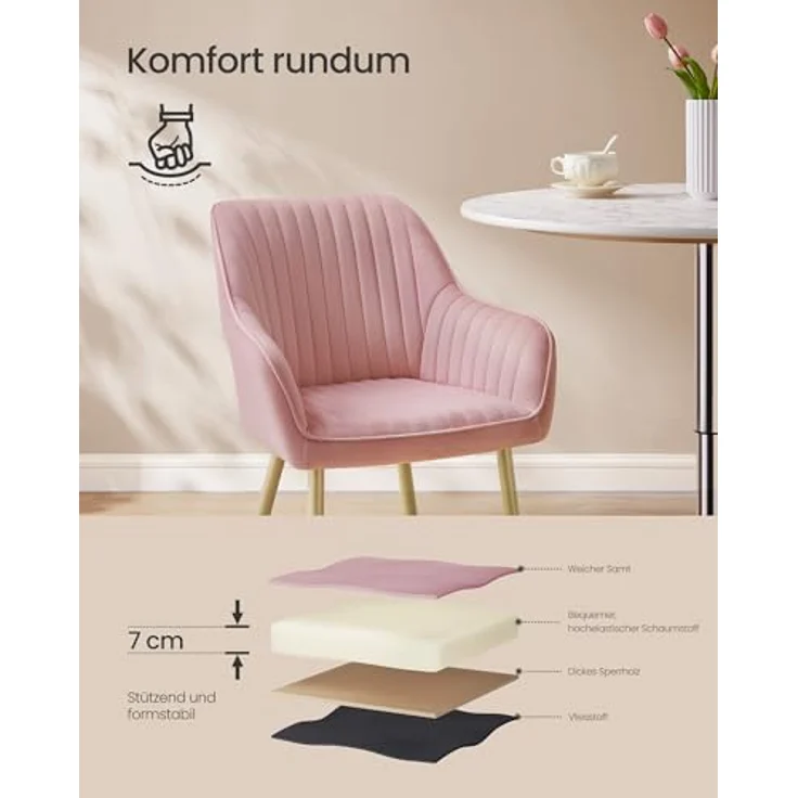 SONGMICS Esszimmerstuhl, 4er Set, Küchenstuhl, Sessel, Samt, Polsterstuhl mit Armlehnen, Loungesessel, bis 120 kg belastbar, Metallbeine, für Esszimmer, Küche, pastellrosa-blassgold LDC087R14 – Bild 7
