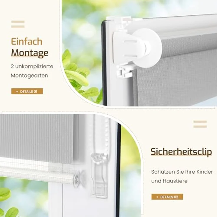 Grandekor Doppelrollo Klemmfix ohne Bohren 45x100cm Stoffbreite 45cm Hellgrau Fenster Rollos für innen Klemmrollos Duo Rollos für Fenster ohne Bohren mit Bohren Privatschutz UV-Schutz Zebrarollo – Bild 3