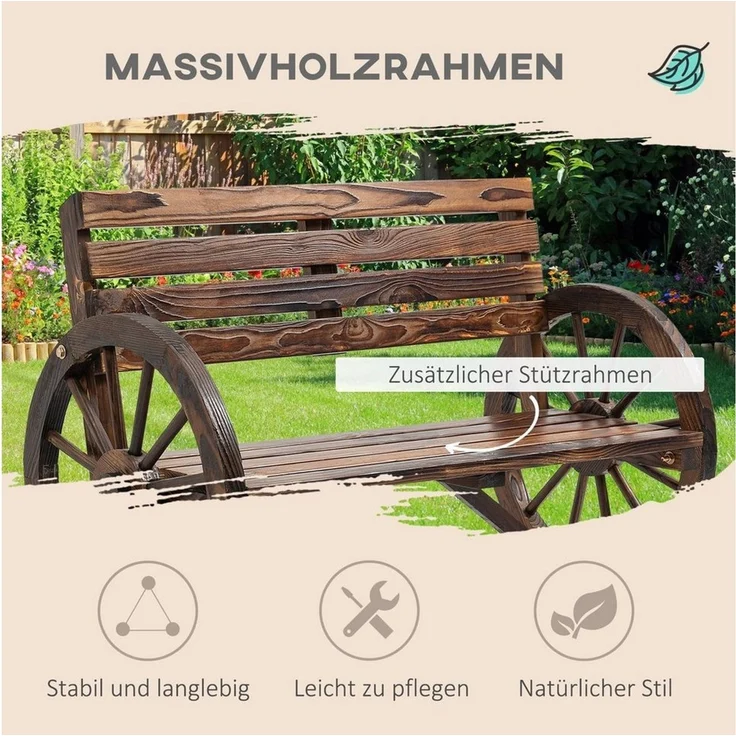 Outsunny Gartenbank 2-Sitzer Sitzbank Holzbank Parkbank im Wagenrad-Design, Bank mit Armlehne im Landhausstil bis 240 kg belastbar Tannenholz Verkohlt 105,5 x 56 x 79 cm – Bild 3