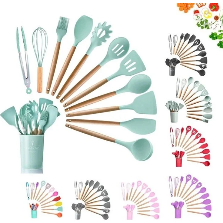 Küchenhelfer Set 12-tlg Silikon, Holzgriff, versch. Farben Grün – Bild 4