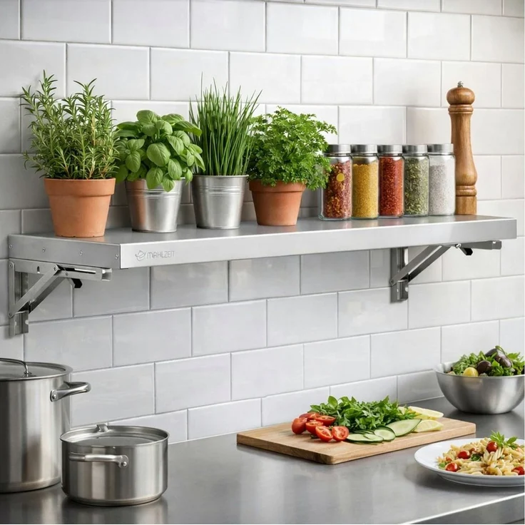 Mahlzeit Wandregal Edelstahl Wandregal, 120 x 30 cm, Küchenregal, Klappbar, Silber – Bild 2