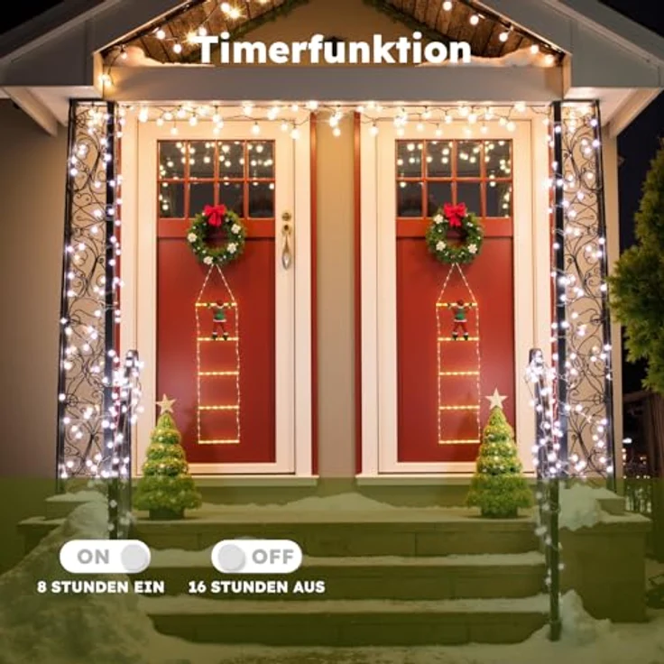 LEDYA 1,25M Leiter Lichterkette mit Weihnachtsmann, 98 LED Weihnachtsbeleuchtung Strombetrieben mit Timer, Speicherfunktion, 8 Modi für Innen- & Außen Weihnachtsbaum Fenster Weihnachten Deko, Warmweiß – Bild 5