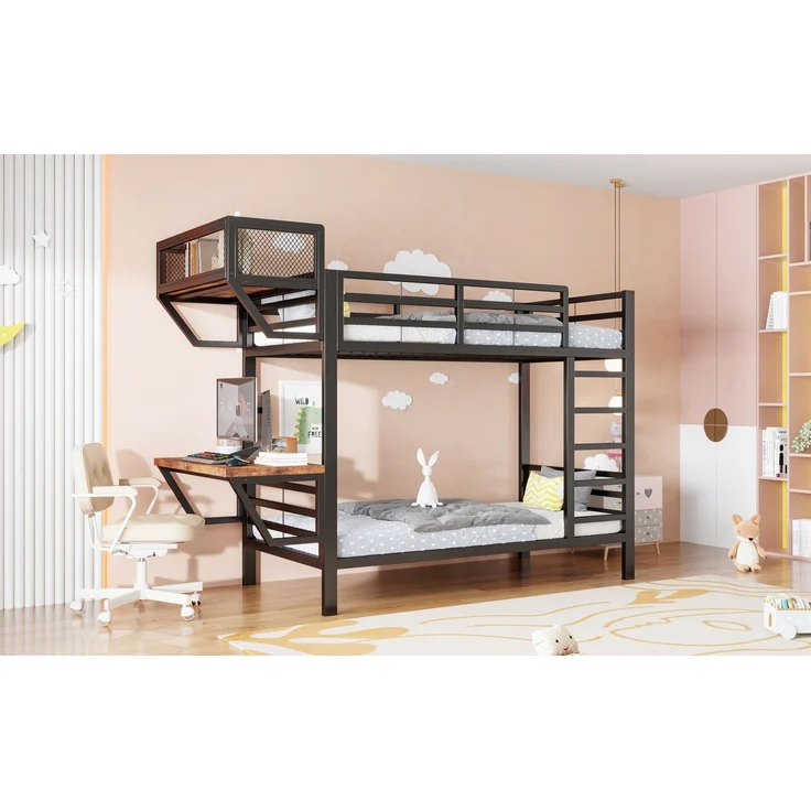 ZUBALIYA Metall-Etagenbett (90 x 200 cm) mit Schreibtisch und Ablagefächern, Lattenrost, platzsparendes Hochbett für Kinder, Jugendliche und Erwachsene, Schwarz – Bild 13
