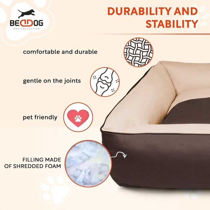 BedDog Hundebett LUPI, Hundesofa aus Cordura, Microfaser-Velours, waschbares Hundebett mit Rand, Hundekissen vier-eckig (S) ca. 55x40x17cm, MYSTIC (braun/grün) – Bild 7