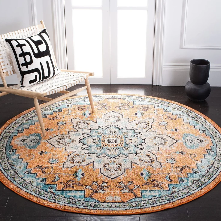 SAFAVIEH Boho Teppich für Wohnzimmer, Esszimmer, Schlafzimmer - Madison Collection, Kurzer Flor, Orange und Blaugrün, 160x160 cm