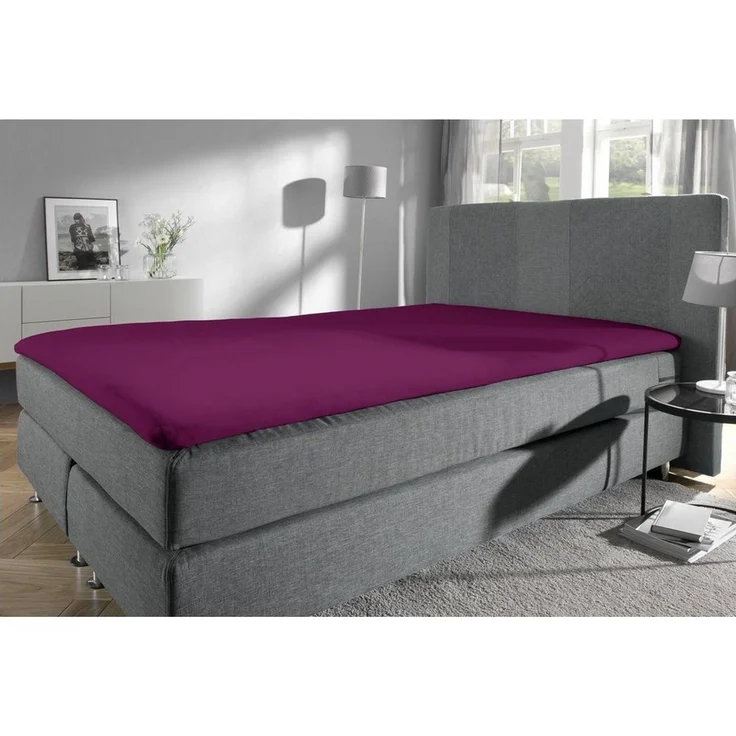 Erwin Müller 'Freising' Spannbettlaken, Gummizug: Rundumgummi, 1 Stück, Elasthan-Jersey-Stretch Uni, Aubergine, Topper | 120x200 - 130x220 cm – Bild 3