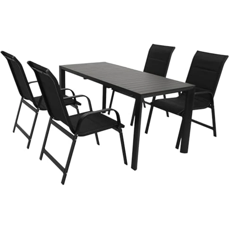 DEGAMO LAGOS Gartengarnitur, Aluminium, anthrazit/schwarz, 5-teilig (4x Stapelsessel, 1x Ausziehtisch 120/162x70cm) – Bild 1