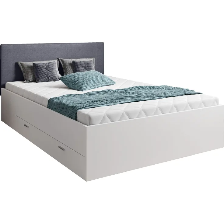 Doppelbett Juist 140x200 cm mit Bettkasten - Kopfteil Anthrazit Rahmen weiss inkl. Bonellfederkern-Matratze und 13 Leisten-Rollrost