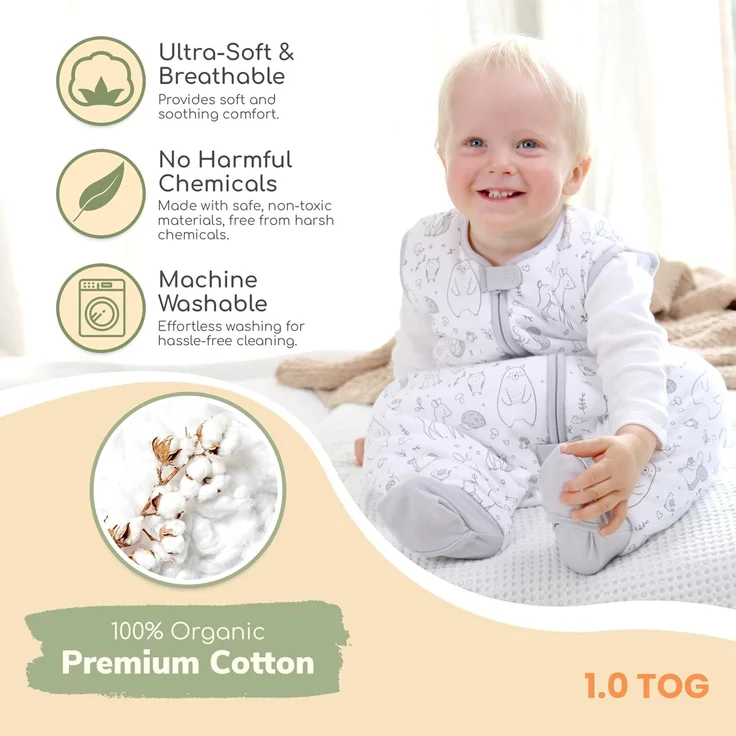 Baby Schlafsack mit Füße 1.0 TOG, Ganzjahres Schlafsack, Bio-Baumwolle Baby Schlafsäcke ohne Ärmeln Babyschlafsack mit Beinen für Säugling Kinder Junge Mädchen, 1er Pack, 70cm (Baby Höhe 80-90cm) – Bild 8