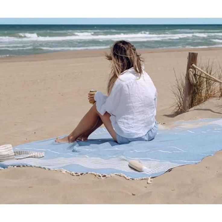 MOMOMUS Fouta XXL, Sandfrei, 100% Baumwolle, handgewebt, mit Fransen, hellblau, 210x240 cm – Bild 2
