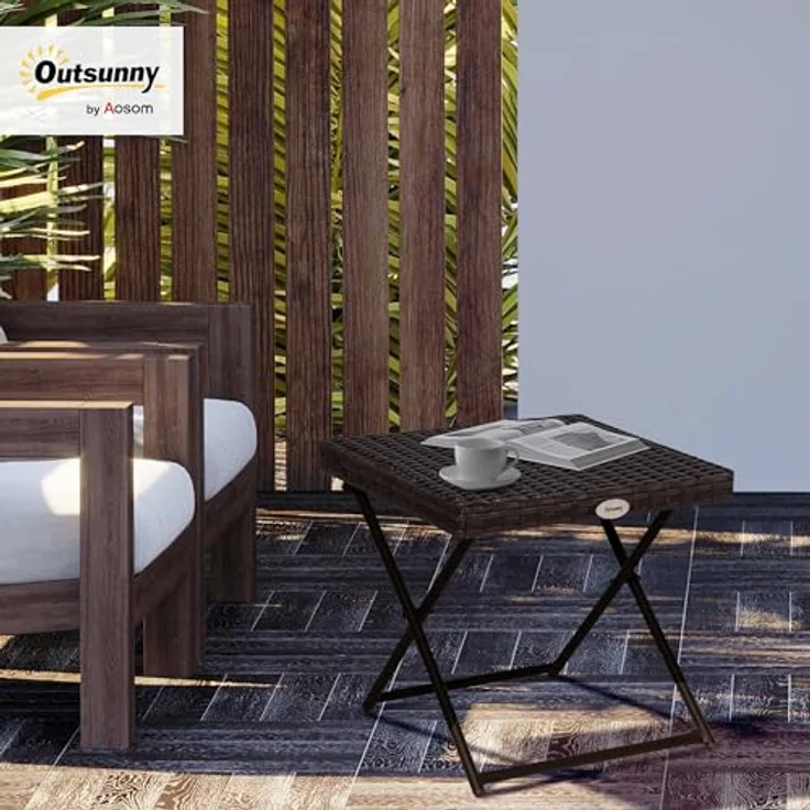Outsunny Klapptisch, Gartenmöbel aus Polyrattan, Braun, 40x40x40 cm, stabiler Stahlrahmen, klappbar, pflegeleicht – Bild 2