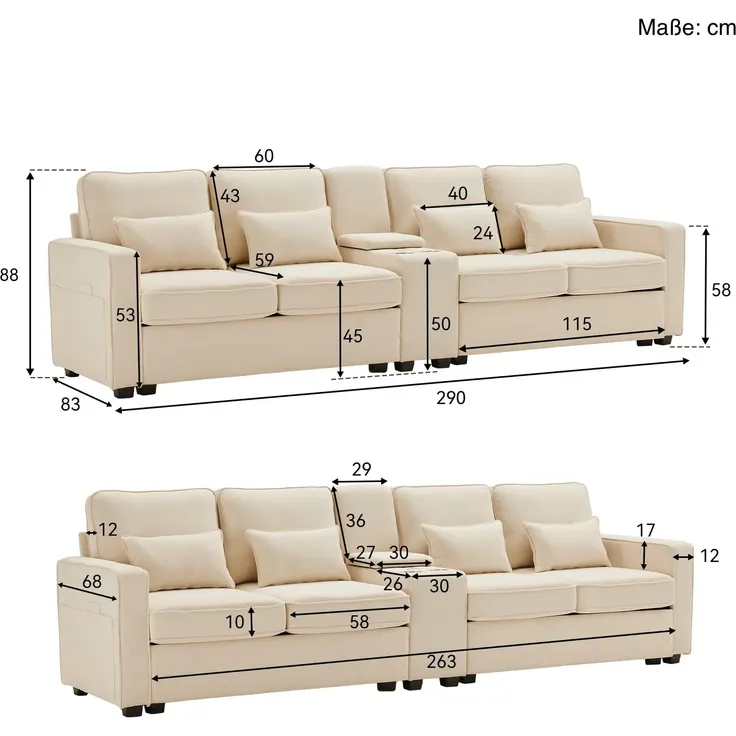 Big-Sofa, 4-Sitzer inkl. loser Zier- und Rückenkissen, Zwischentisch, USB-Anschlüssen, Polstersofa, Wohnzimmersofa, Leinen – Bild 8