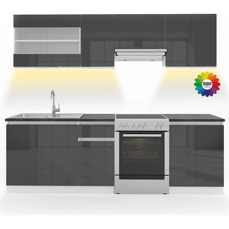 Küchenzeile R-Line Anthrazit Hochglanz/Weiß 240 cm, AP Schwarz mit LED-Leisten Vicco – Bild 1