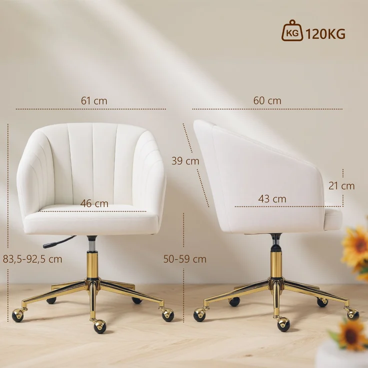 MELAYR, Bürostuhl in Samtoptik, Schaumstofffüllung, höhenverstellbar, rollbar, Stahlbasis, Cremeweiß, 61 x 60 x 92.5 cm – Bild 5