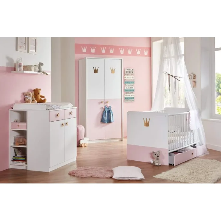 Babyzimmer Cindy Kinderzimmer Komplett Set in Weiß und Rosé in verschiedenen Varianten wählbar - 7 teilig , 2 türiger Kleiderschrank + Babybett + Wickelkommode + Umbauseiten + Bettschubkasten + Seitenregal + Wandboard