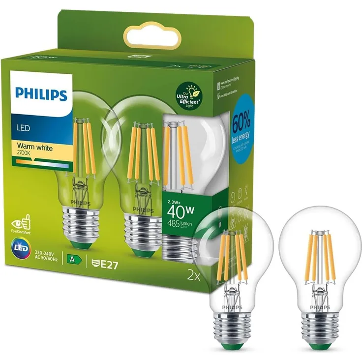 Philips Classic ultraeffiziente E27 LED Lampe, 40W, klar, warmweiß, Doppelpack