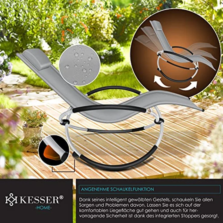 KESSER® Relaxliege Liegestuhl | Gartenliege Sonnenliege | Gartenstuhl | Klappstuhl faltbar | Schwungliege | Schaukelsessel | ergonomische Relaxsessel | wetterfest | 180 kg Belastung (Grau) – Bild 5