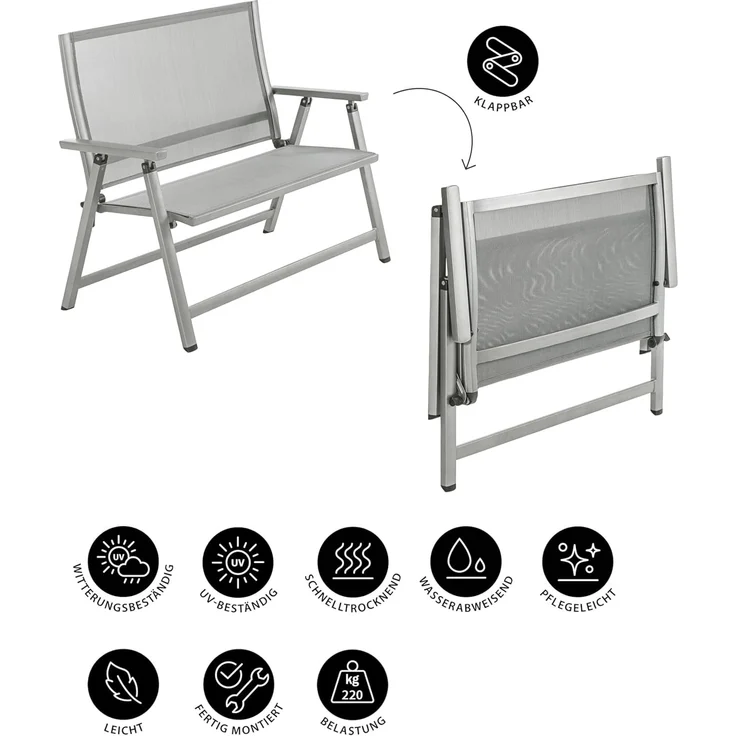 Dehner Klappbank Chicago | 2-Sitzer mit Rückenlehne und Armlehnen | komfortable Sitzbank | klappbar, wetterfest | Aluminium, Textilene | Gartenbank, Parkbank, Doppelbank | ca. 106 x 97 x 59. 5 cm – Bild 6