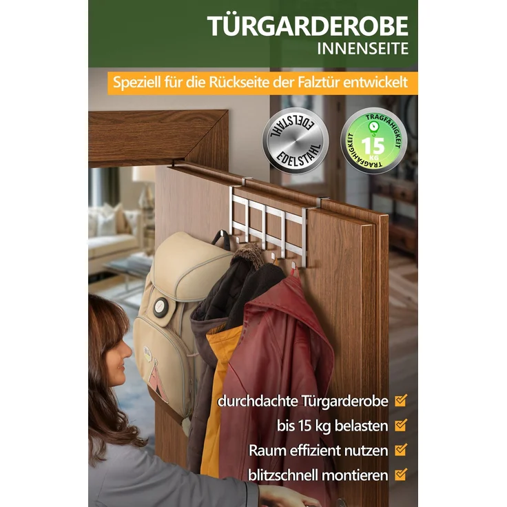 Lindenstein Türgarderobe für Falztüren innen, 5 Haken, Edelstahl, Silber – bis 15 kg – Bild 2