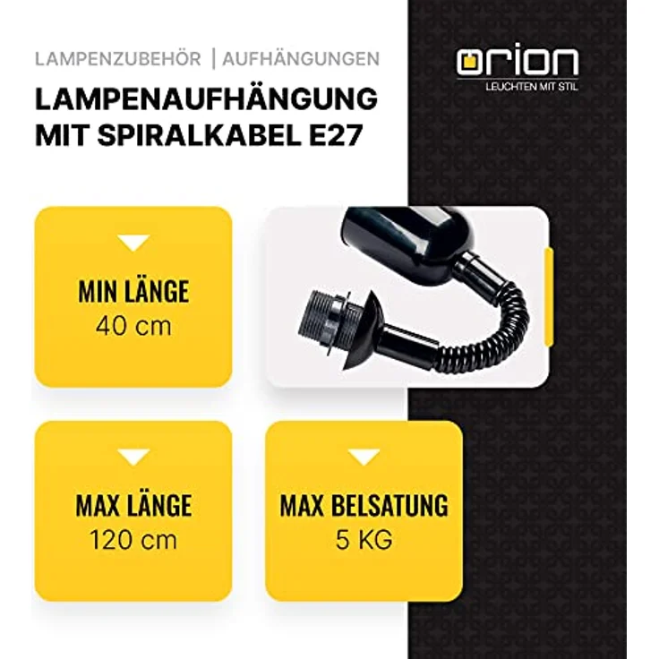 Orion Leuchtenpendel, Lampenaufhängung mit Spiralkabel, E27 Fassung, Höhenverstellbar 40-120cm, Kunststoff, Schwarz – Bild 3