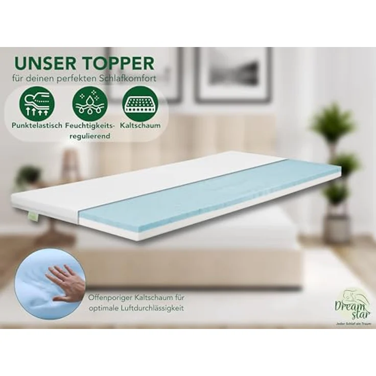 Dreamstar Duo Topper, Matratzentopper H2/H3 mit Gel-Memory und Komfortschicht, 7 cm hoch, rutschfest, waschbarer Bezug für Matratzen und Boxspringbetten – Bild 3