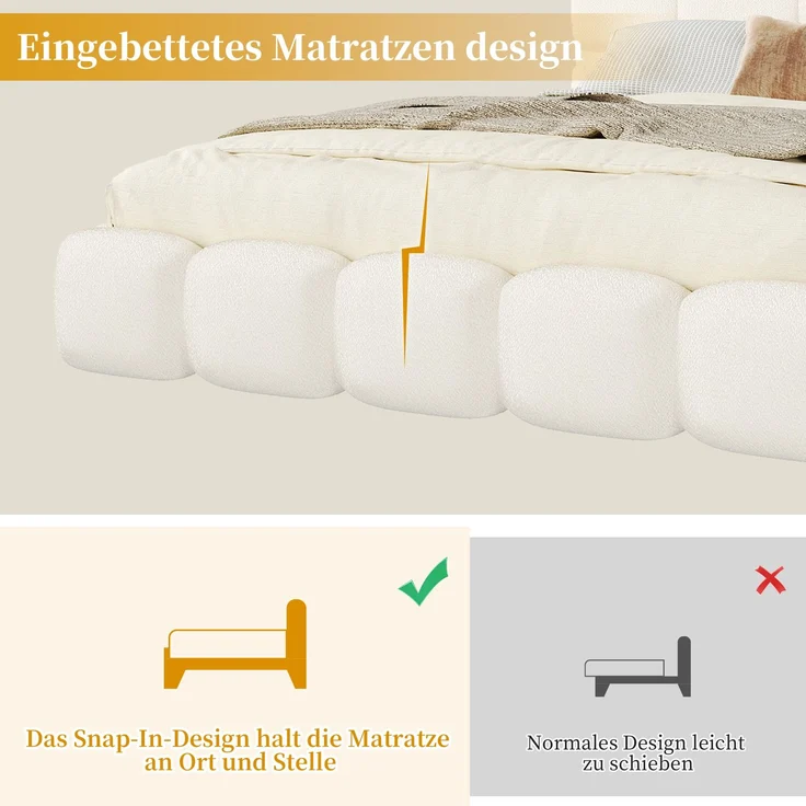 Merax Doppelbett, Polsterbett, 200*200cm, hydraulisches Funktionsbett, Bett mit Lattenrost, Kopfteil und großem Stauraum, gepolstertes Kopfteil, Weiß Bouclé – Bild 7
