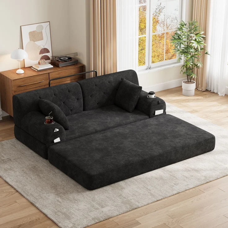 TavilaEcon 2-Sitzer Schlafsofa, komprimiertes Cord Sofa mit hoher Rückenlehne schwarz 81 × 80 × 168 cm (H × T × B) – Bild 6