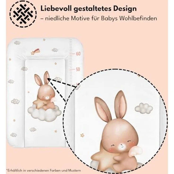 Wickelauflage 50x70 cm, Weiß mit Hase – abwaschbar & wasserdicht, weich für Neugeborene – Wickeltischauflage für Wickelkommode – Baby Wickelunterlage, schnell abwischbar – Bild 3