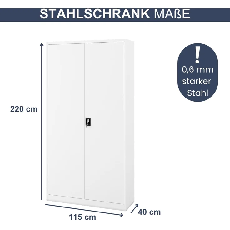 Aktenschrank abschließbar KADO - 6 Ebenen verstellbar, Flügeltüren | Metallschrank Werkstatt Mehrzweckschrank Büroschrank aus Stahl Werkzeugschrank, 220 x 115 x 40 cm Weiß – Bild 2