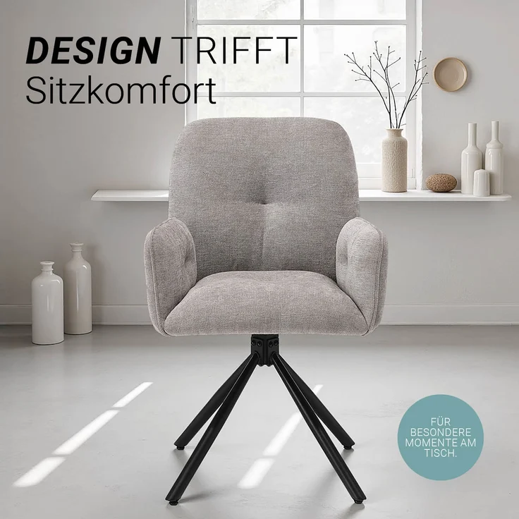 Esszimmerstühle Drehbar Set 4 Stühle für den Esstisch Drehstuhl mit Armlehne Stoff Grau Polsterstühle Sessel Modern – Bild 6