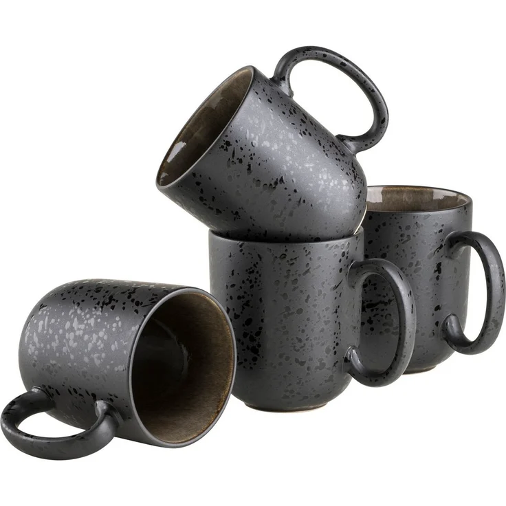 Modernes Kaffeebecher 4er Set mit aufregender Vintage Glasur, große Kaffeetassen aus Keramik in Grau und Schwarz – Bild 1