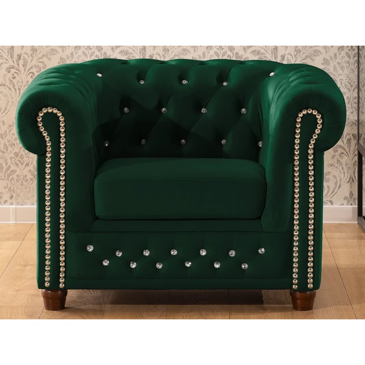 S-Style Möbel Chesterfield-Sessel Cleo Blink aus Samt mit Kristallsteppung und braunen Massivholzfüßen, mit Wellenfederung – Bild 2