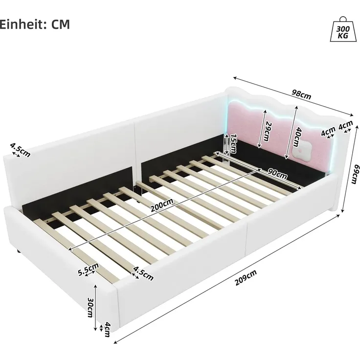 Schlafsofa mit LED-Beleuchtung und Lattenrost, 90x200 cm, Polsterbett, Einzelbett, Jugendbett, Vlies – Bild 6