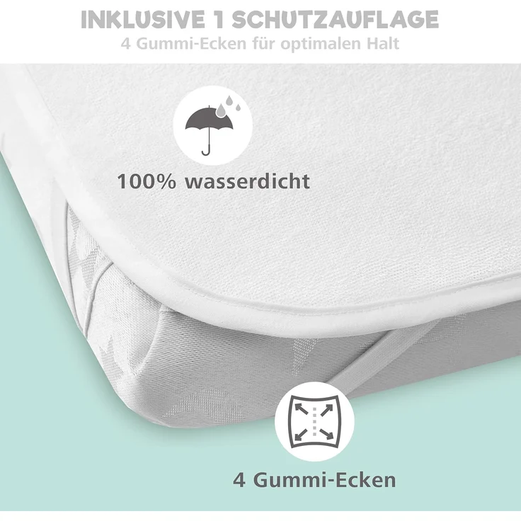 2X Spannbettlaken aus 100% Baumwolle mit Gummiband - 1X Matratzenschoner aus 100% wasserdichtem Material - 3er-Set - 55x90 cm - Fuchs – Bild 4