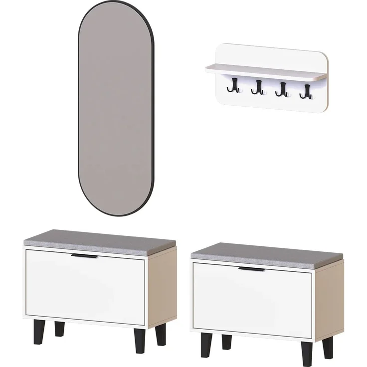 Roomart NORD Garderobenset 4-teilig – 2 Sitzbänke mit Schuhklappe, Wandgarderobe & ovaler Spiegel – Flurgarderobe – H 53 x B 73.6 x T 35 cm (Sitzbank) • Weiß – Bild 7