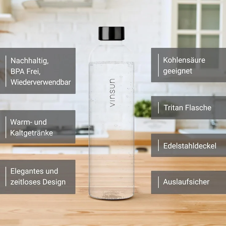 Vinsun Trinkflasche Tritan Wasserflasche 1L, Sportflasche Kohlensäure geeignet & BPA frei, Auslaufsicher, bruchsicher, geruchs- und geschmacksneutral – Bild 2